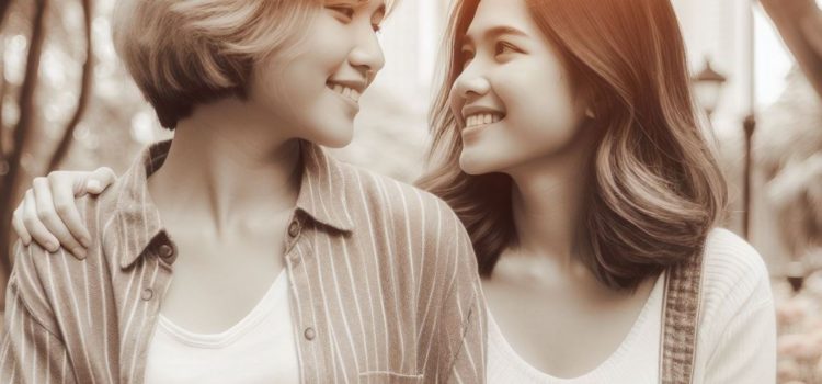 A lesbian couple smiling, showing how dopamine affects behavior.