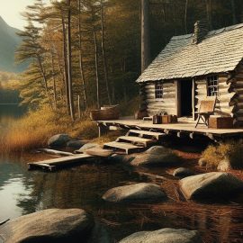 A log cabin by a lake in the woods.