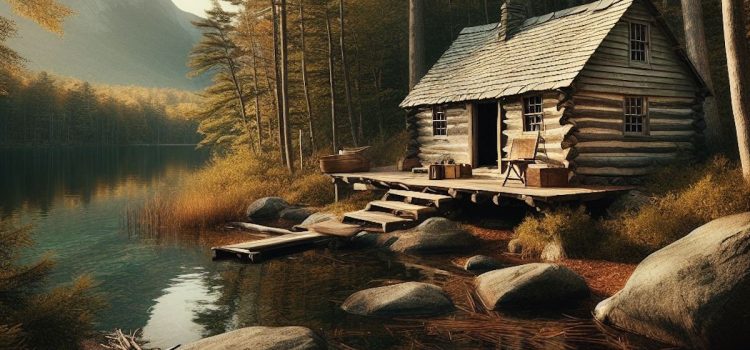 A log cabin by a lake in the woods.