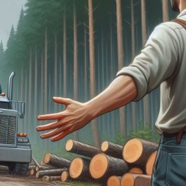 A lumberjack trying to save the trees by blocking the road that a logging truck is driving down.