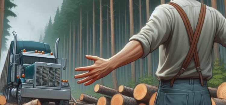 A lumberjack trying to save the trees by blocking the road that a logging truck is driving down.