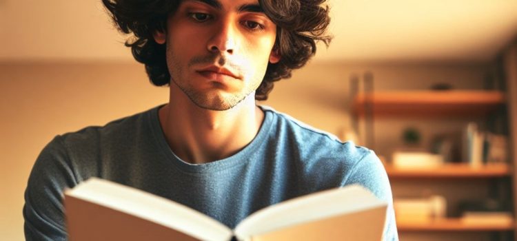 A man holding and reading a book with shelves in the background.