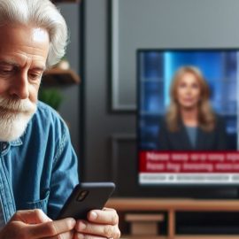 An older man ignoring the news on the television by looking at his phone.