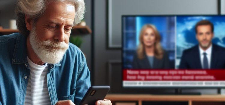 An older man ignoring the news on the television by looking at his phone.