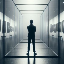 A man overcoming blocks to creativity by standing in an art gallery inside a cage.