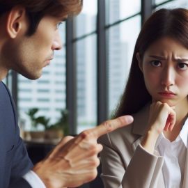 A man acting like an asshole at work by pointing at an upset employee.