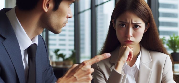 A man acting like an asshole at work by pointing at an upset employee.