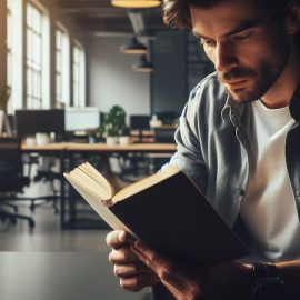 A man reading a book in an open office.