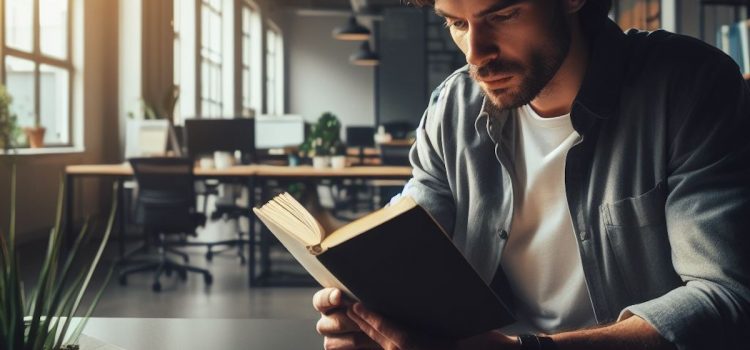 A man reading a book in an open office.