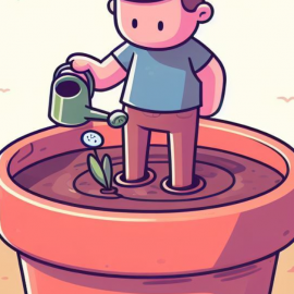 A cartoon of a man watering himself in a plant pot to make a change to his life.
