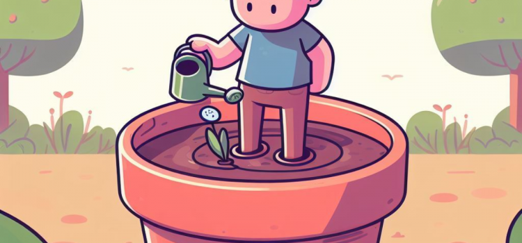A cartoon of a man watering himself in a plant pot to make a change to his life.