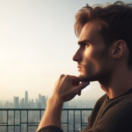 A man pondering what life philosophy is with a cityscape in the background.