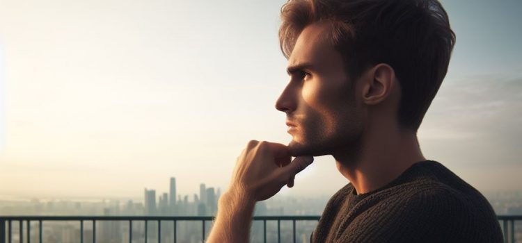 A man pondering what life philosophy is with a cityscape in the background.