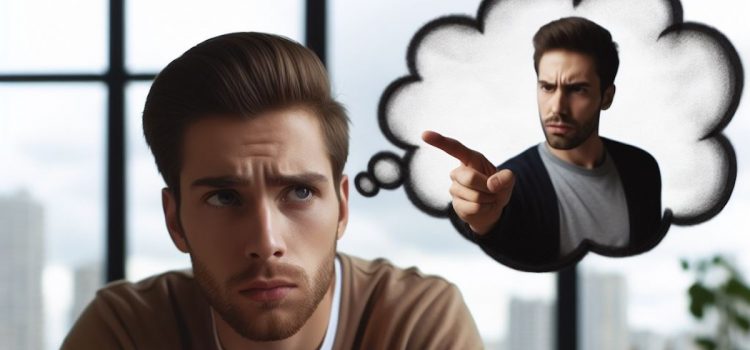 How to Silence Your Inner Critic: 4 Strategies From Julie Smith A sad man trying to silence his inner critic, with thought bubble of himself pointing at him.