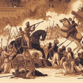 The fall of the Mughal Empire illustrated in a battle between soldiers.