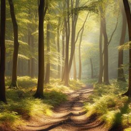 A path through a forest with the sun beaming through.