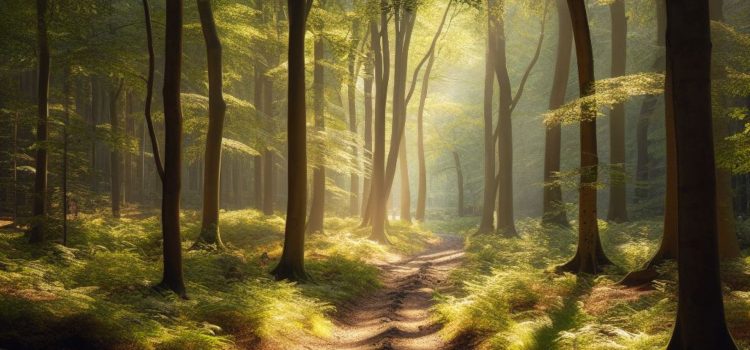 A path through a forest with the sun beaming through.