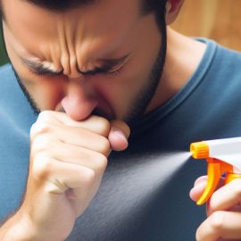 A coughing man holding a spray bottle andexperiencing a harmful effect of pesticides on humans.