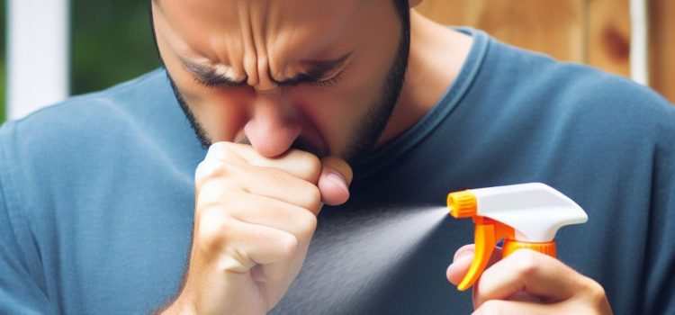 A coughing man holding a spray bottle andexperiencing a harmful effect of pesticides on humans.