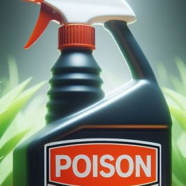 A poison bottle with a pesticides regulation warning.