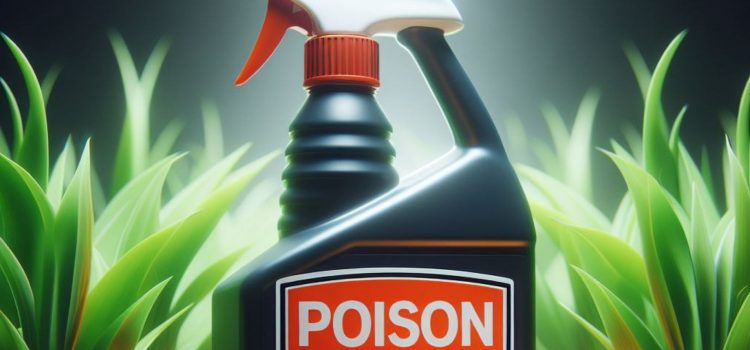 A poison bottle with a pesticides regulation warning.
