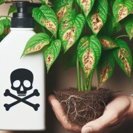 A hand holding a dying plant next to a poison bottle, demonstrating the disadvantages of pesticides.