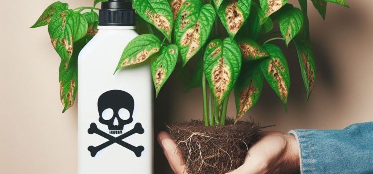 A hand holding a dying plant next to a poison bottle, demonstrating the disadvantages of pesticides.