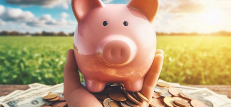 A hand holding a pink piggy bank in front of coins in a field.