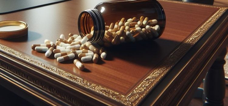 A bottle spilling pills on a wood table.