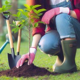 A woman planting a tree with shovels in a garden.