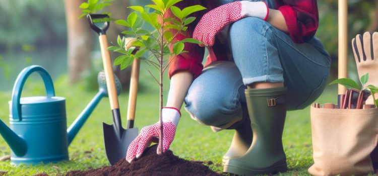 A woman planting a tree with shovels in a garden.