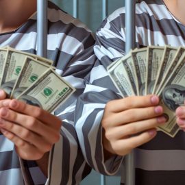 Prisoners holding dollar bills behind bars as symbolism of prisoner's dilemma in economics