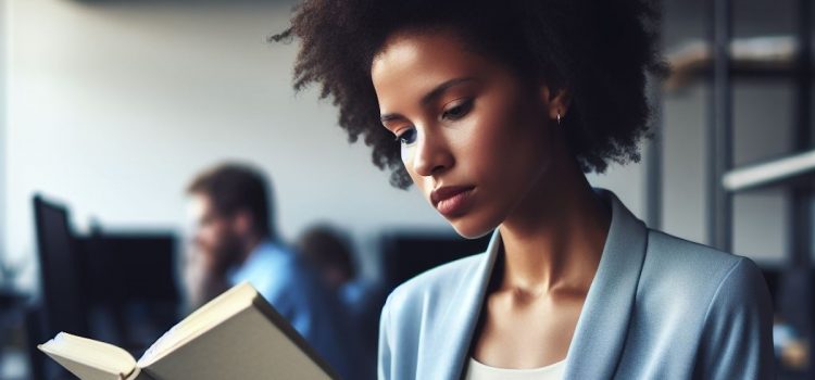 A professional woman reading a book in an office.