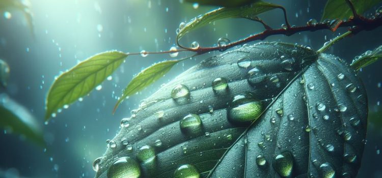 Close-up image of raindrops on a leaf.