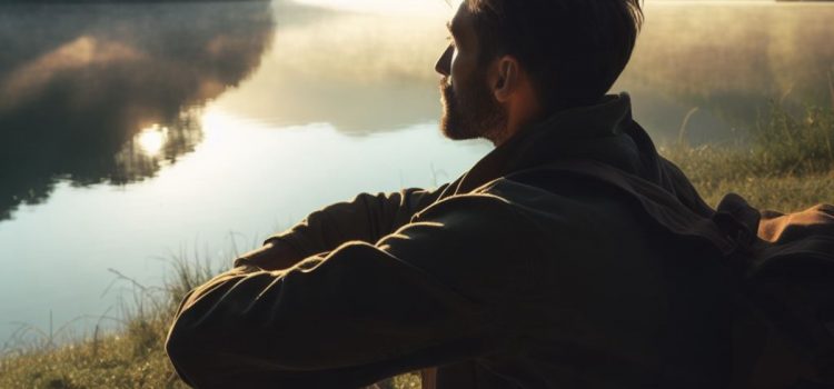 A man enjoying solitude by sitting next to a lake.