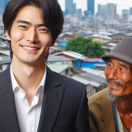 A rich man and poor man standing next to each other in a city to represent material well-being.