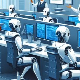 Robots are working at computers in an office while humans watch over them.