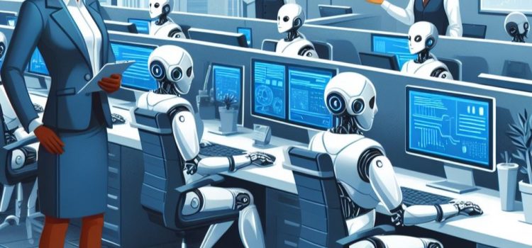 Robots are working at computers in an office while humans watch over them.