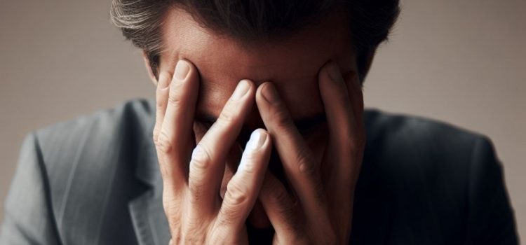 A man with low mood and anxiety, burying his face in his hands.