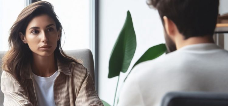 A woman confronting a coworker professionally with a plant in the background.