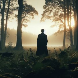 A silhouette of a man alone in the woods.