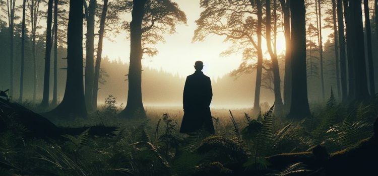 A silhouette of a man alone in the woods.