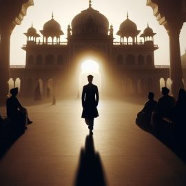 Silhouette of a wealthy person standing in front of a palace in India.
