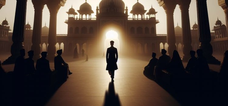 Silhouette of a wealthy person standing in front of a palace in India.