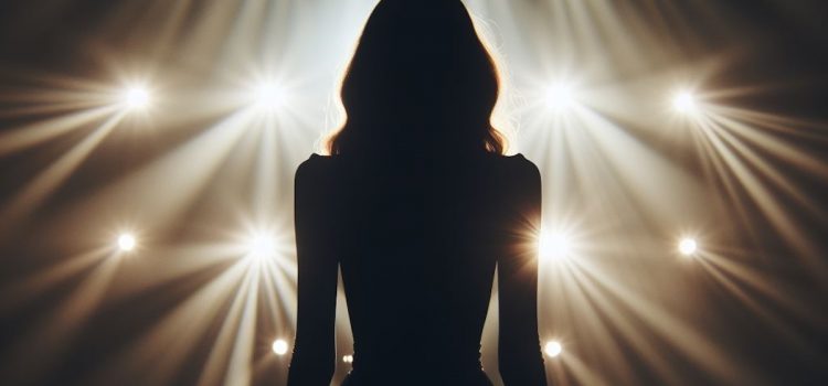 A silhouette of a woman facing bright lights on a stage.