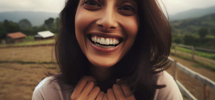 A woman with high existential well-being as she smiles on a farm ranch.