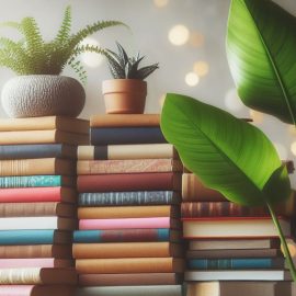 Stacks of books with plants on top of them in a room.