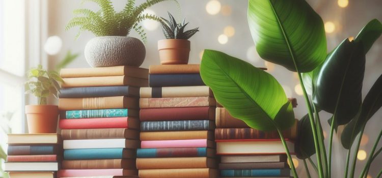 Stacks of books with plants on top of them in a room.