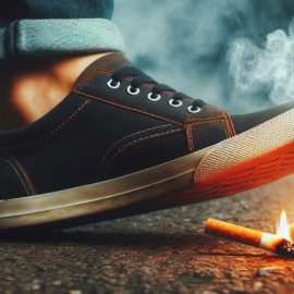 A person resisting temptations by stepping on two burning cigarettes on the ground.