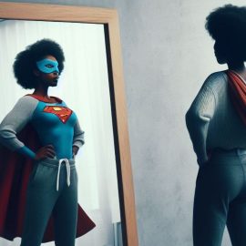 A superhero doing a pose and looking in the mirror to believe in her abilities.